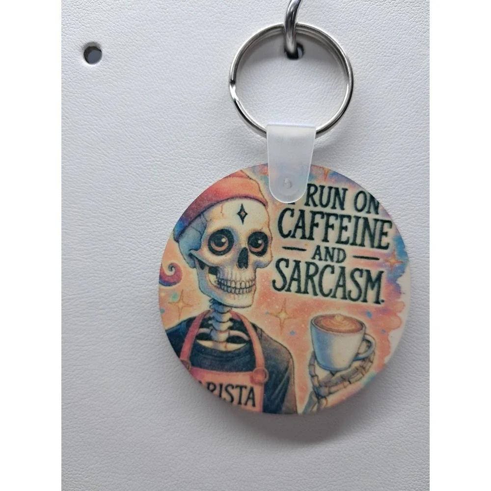 Skeleton Barista I Run On Caffeine And Sarcasm Keychain‎ Round Coffee Lover Gift